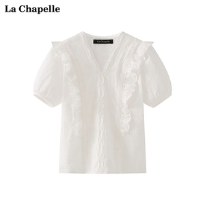拉夏贝尔/La Chapelle法式荷叶边蕾丝短袖衬衫女V领别致气质小衫