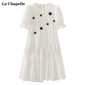 拉夏贝尔/La Chapelle小黑花褶皱白色连衣裙圆领高腰泡泡袖短裙