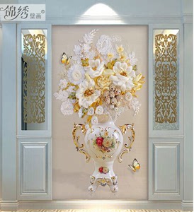 欧式浮雕花卉墙布画玄关壁纸壁画立体墙纸客厅走廊过道竖版画花瓶