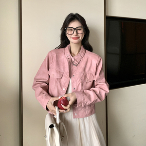 粉色短款甜酷机车皮衣外套女春装2024新款韩版休闲小个子PU皮夹克