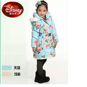正品迪士尼儿童羽绒服新款冬季中长款系腰带加厚洋气女童公主羽绒