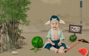 凤绫儿童影楼摄影写真主题古装可爱汉服周岁演出服装猪八戒吃西瓜