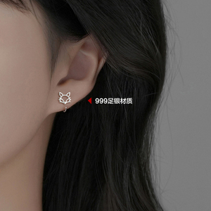 S999足银狐狸耳钩女小众设计感耳钉2024年新款养耳洞耳环纯银耳饰