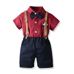 外贸跨境绅士衬衣男童礼服条纹短袖衬衣背带短裤套装婴幼儿童衣服