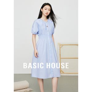 Basic House/百家好2024夏季纯色泡泡袖连衣裙收腰显瘦中长款裙子