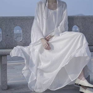 国风棉麻连衣裙女2024夏季新款苎麻吊带白色裙子改良汉服防晒开衫