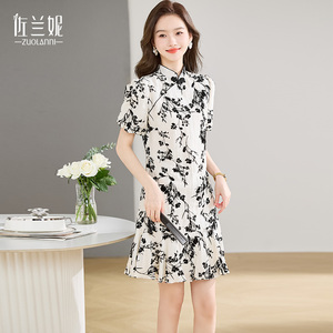 新中式改良旗袍连衣裙女夏短款印花色国风盘扣复古高级感修身显瘦