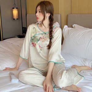 中式国风新款冰丝睡衣女淑女风套头半袖甜美高级感家居服可外穿