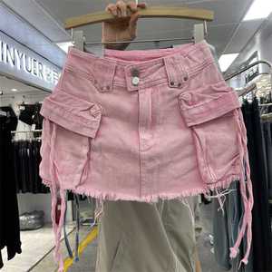 粉红色高腰工装牛仔半身裙欧货2024年夏季新款减龄辣妹包臀裙短裙