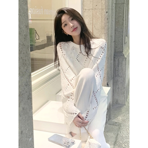 韩国东大门2024春季新款时尚宽松纯色缕空长袖圆领套头针织衫上衣
