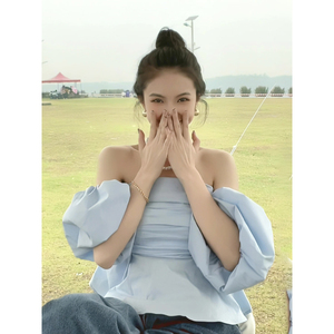 韩国chic夏季减龄设计感小众泡泡袖一字肩抹胸法式复古短款衬衣女