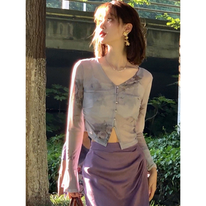 新中式紫色印花网纱防晒开衫外套女夏季吊带外搭薄款短款衬衫上衣