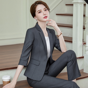 春夏女士中袖灰色职业套装时尚韩版正装修身工作服女气质商务西装