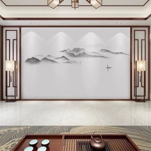 新中式客厅竹木纤维板电视背景墙现代集成墙板水墨山水画扣板