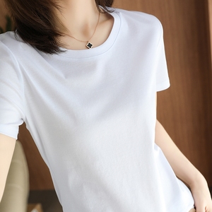 白色短袖t恤女丝光棉修身显瘦圆V领2024夏季新款纯棉半袖上衣体恤