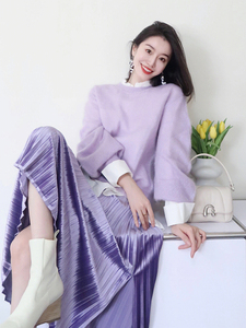 春季2024新款女装今年流行时尚漂亮小香风紫色毛衣配裙子两件套装