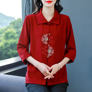 新中式国风时尚刺绣七分袖雪纺衬衫女红色衬衣洋气妈妈春夏装上衣