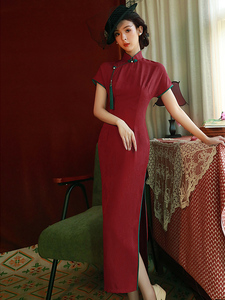 红色旗袍2023新款女夏季改良版复古民国高端气质优雅中长款连衣裙