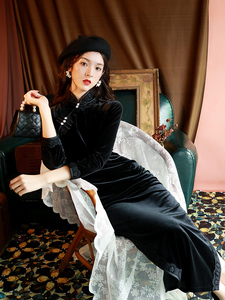 高端丝绒旗袍秋冬长袖黑色性感长款女改良气质优雅日常可穿连衣裙