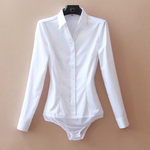 白色连体衬衫女士2024夏季新款大码修身显瘦长袖衬衣通勤连档上衣