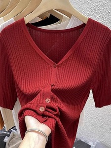 冰丝v领针织开衫女夏季薄款修身显瘦半袖体恤红色正肩短袖T恤上衣
