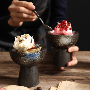 创意高脚碗日式陶瓷小吃碗凉菜碗酸奶杯甜品盅布丁碗商用意境餐具