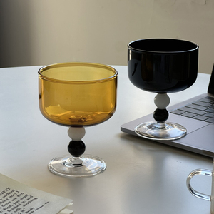 复古黑白珠拼色高脚杯咖啡杯耐热玻璃杯水杯威斯忌鸡尾酒杯甜品碗