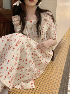 韩国ins可爱卡通小兔子梭织纯棉睡裙女夏季短袖荷叶边睡衣家居服