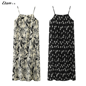 艾格/Etam2024夏季新款韩版优雅碎花雪纺方领无袖吊带宽松连衣裙