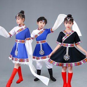 藏族舞蹈服男女儿童西藏袍裙水袖扎西德勒格桑花少数民族表演服装