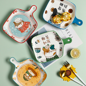 日式可爱餐盘家用陶瓷菜盘歺具盘碟卡通儿童早餐盘子高颜值甜品盘