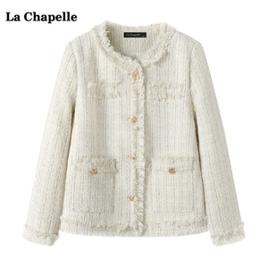 拉夏贝尔/La Chapelle白色小香风圆领外套女秋冬新款百搭上衣