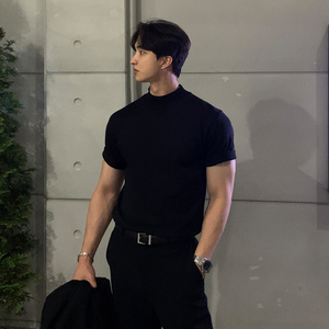 韩版半高领短袖针织衫男休闲修身夏季薄款纯色中领半袖毛衣T恤衫