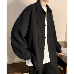 新中式男装中国风长袖衬衫男小众设计高级感黑色盘扣衬衣外套夏季