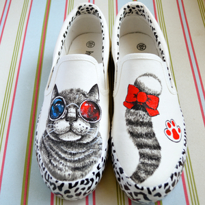 猫咪鞋子波斯猫可爱灰色猫小孩学生萌手绘套脚懒人帆布鞋黑喵图案