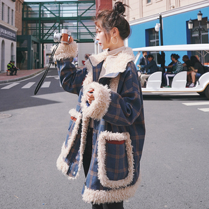 羊羔毛外套女2022冬季新款格子派克服小个子韩版宽松羽绒棉衣棉服