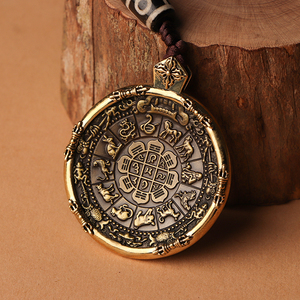 九宫八卦牌纯铜老旧佛牌十相自在吊坠腰挂件西藏藏族饰品天珠项链