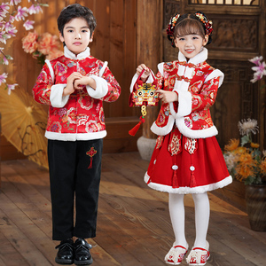 汉服男童拜年服儿童冬季夹棉加厚唐装新年过年中国风女童宝宝棉服