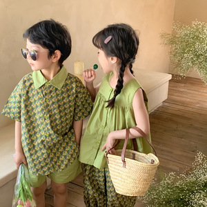 韩国童装夏季儿童牛油果绿碎花套装姐弟装男女宝宝薄款短袖两件套