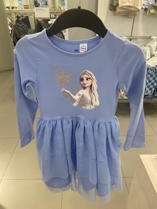 HM国内专柜正品代购 2024新款女童蓝色艾莎公主长袖纱裙连衣裙