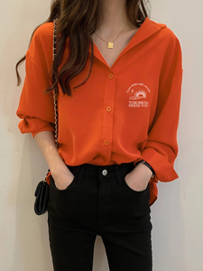 桔红色韩版别致洋气雪纺衬衫女上衣夏设计感小众独特气质长袖衬衣