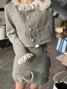阿瑶小众设计品牌春新灰色蕾丝边钉珠法式千金风短外套半裙套装女