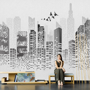 3D现代简约手绘壁纸复古怀旧建筑壁画黑白城市客厅餐厅奶茶店墙纸