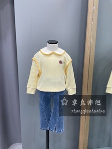 100-140韩版童装春秋女童洋气蕾丝花瓣领假两件拼接米黄长袖卫衣