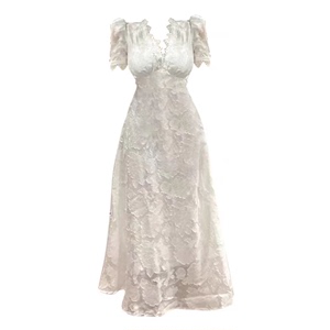 rosefang法式优雅上流社会连衣裙女夏季V领泡泡袖设计感茶歇长裙
