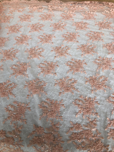 欧洲进口橘粉色网纱重工串珠婚纱晚礼服面料高级定制礼服1米219元