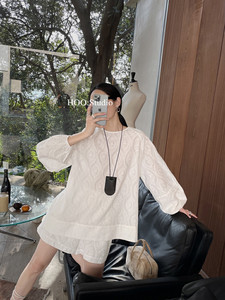HOO设计感刺绣气质宽松显瘦衬衫女春夏季慵懒圆领上衣+短裤两件套