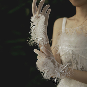 新娘白色短款羽毛全指婚纱手套拍照造型设计婚礼写真网纱五指手套