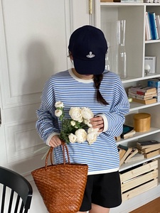 COBALT BLUE韩国东大门代购2024春季女装新条纹圆领宽松休闲卫衣