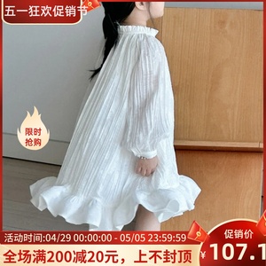 2024春季新款韩版女童连衣裙气质仙女裙儿童白色长袖荷叶边大摆裙